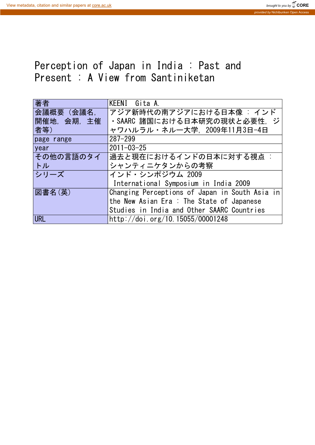 Perception of Japan in India : Past and Present : a View from Santiniketan