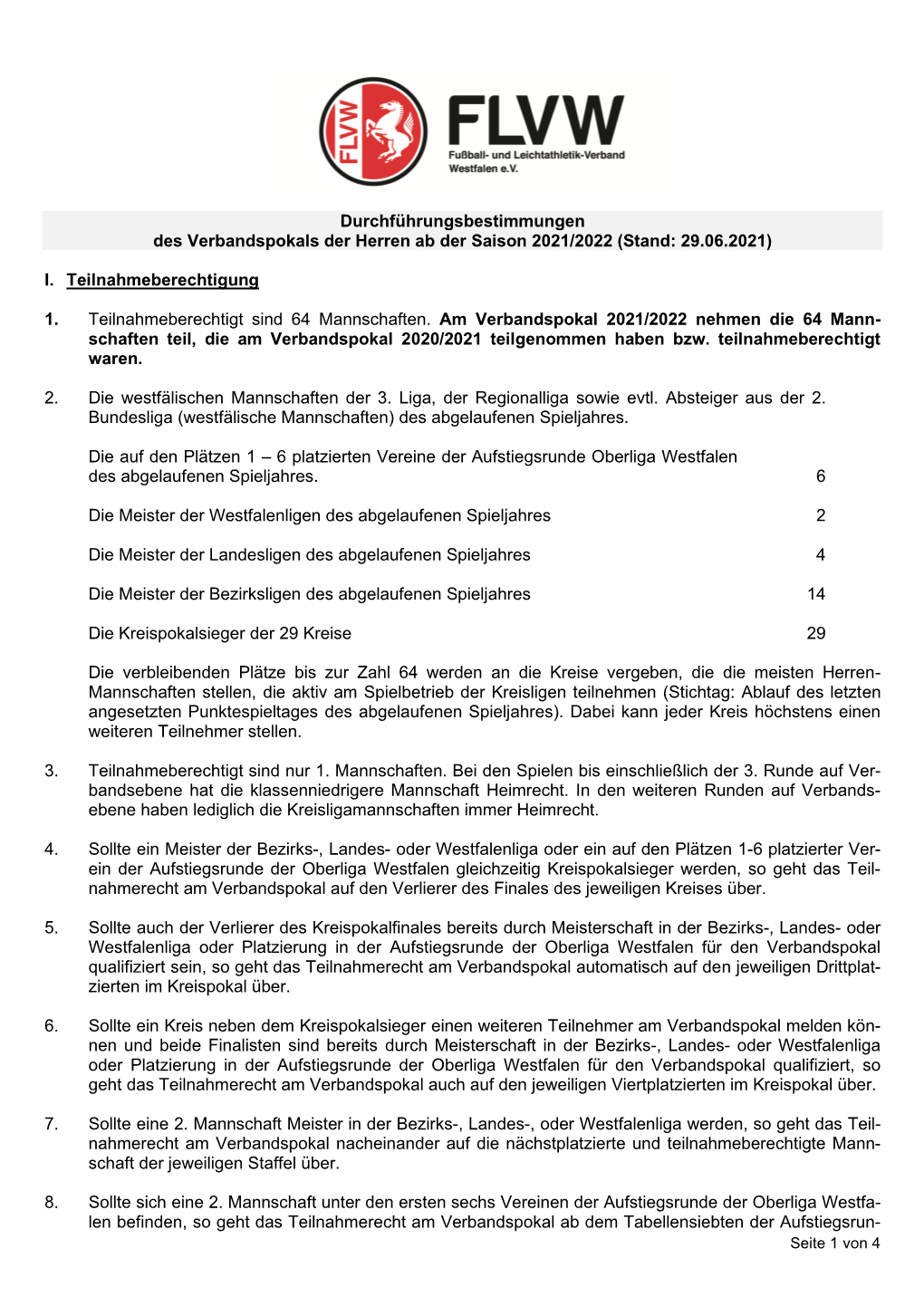 Durchführungsbestimmungen Des Verbandspokals Der Herren Ab Der Saison 2021/2022 (Stand: 29.06.2021)