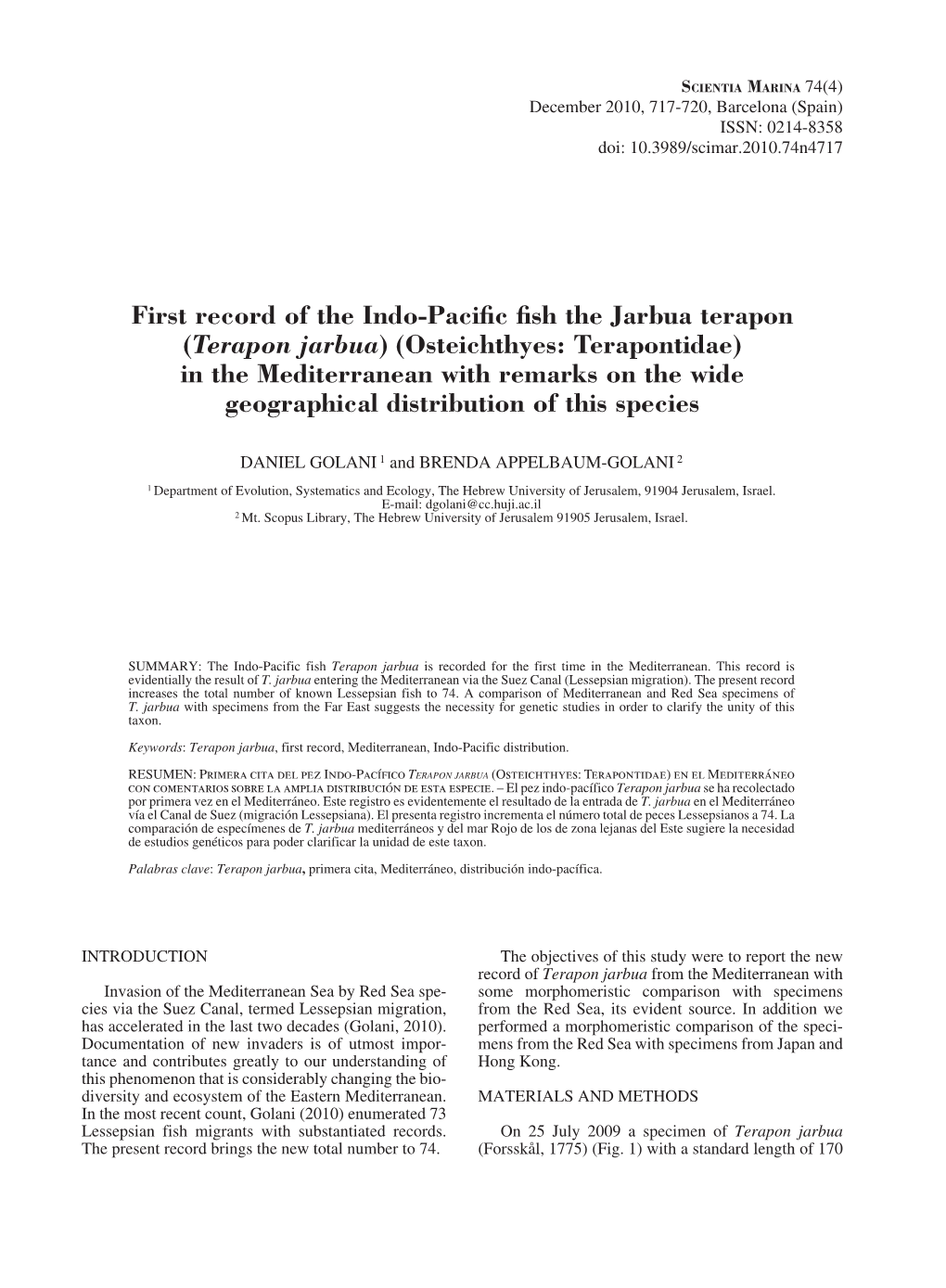 First Record of the Indo-Pacific Fish the Jarbua Terapon