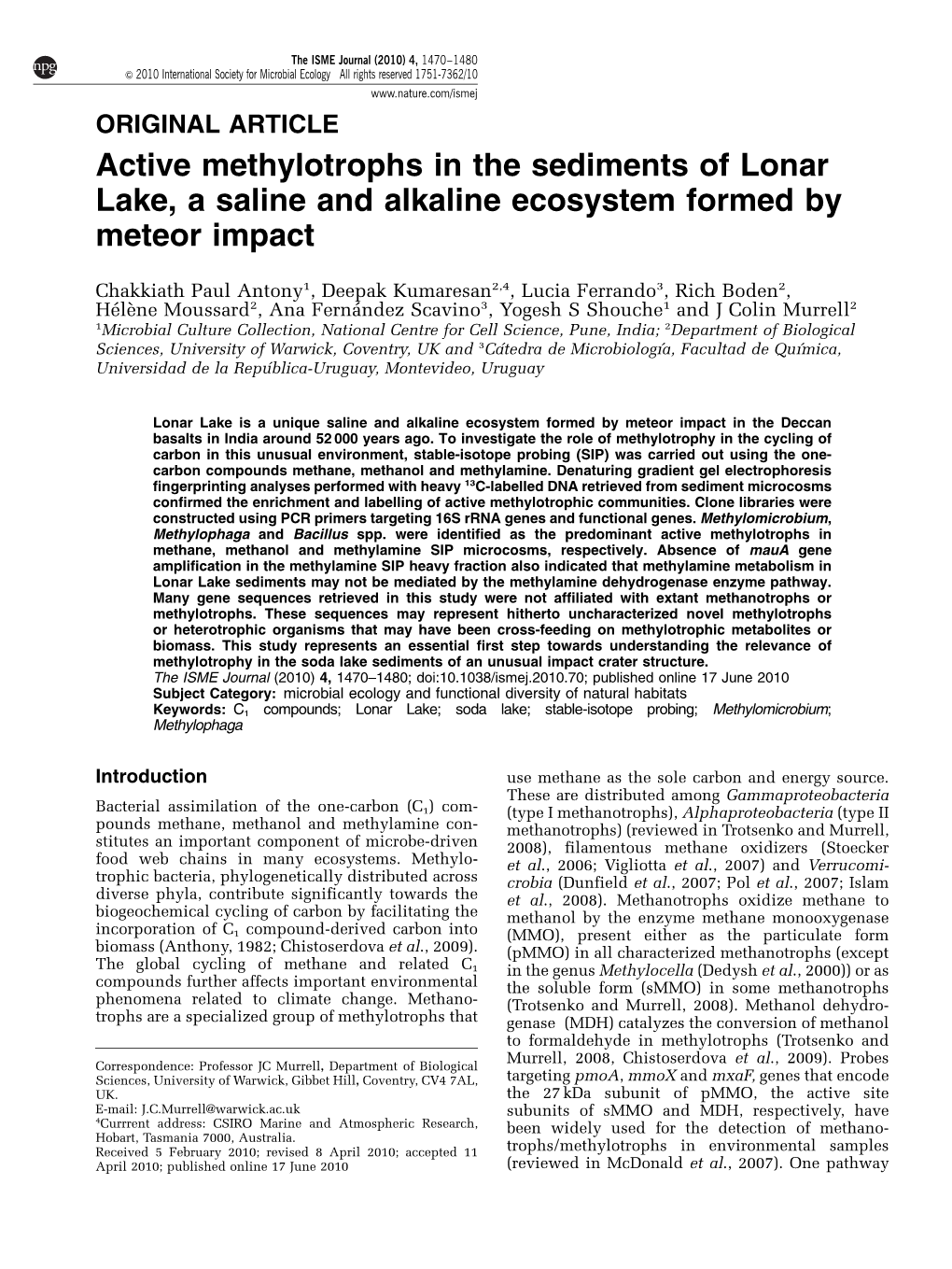Active Methylotrophs in the Sediments of Lonar Lake, a Saline and Alkaline Ecosystem Formed by Meteor Impact