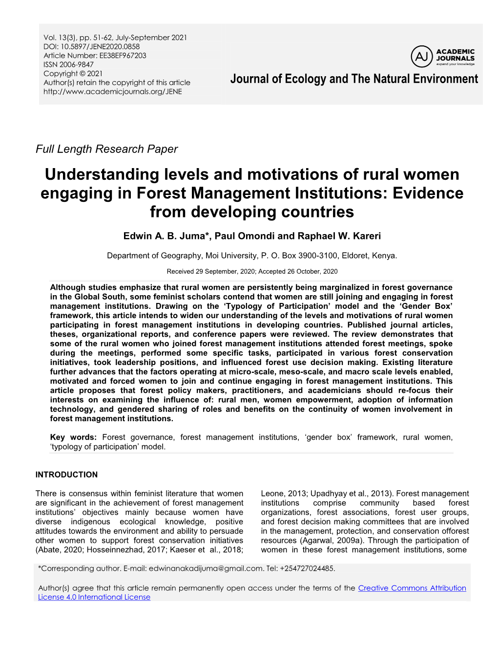 Understanding Levels and Motivations of Rural Women Engaging in Forest Management Institutions: Evidence from Developing Countries