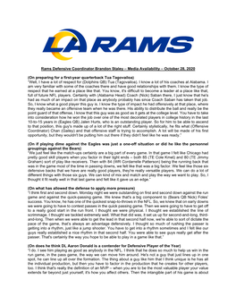 Rams Defensive Coordinator Brandon Staley – Media Availability – October 28, 2020