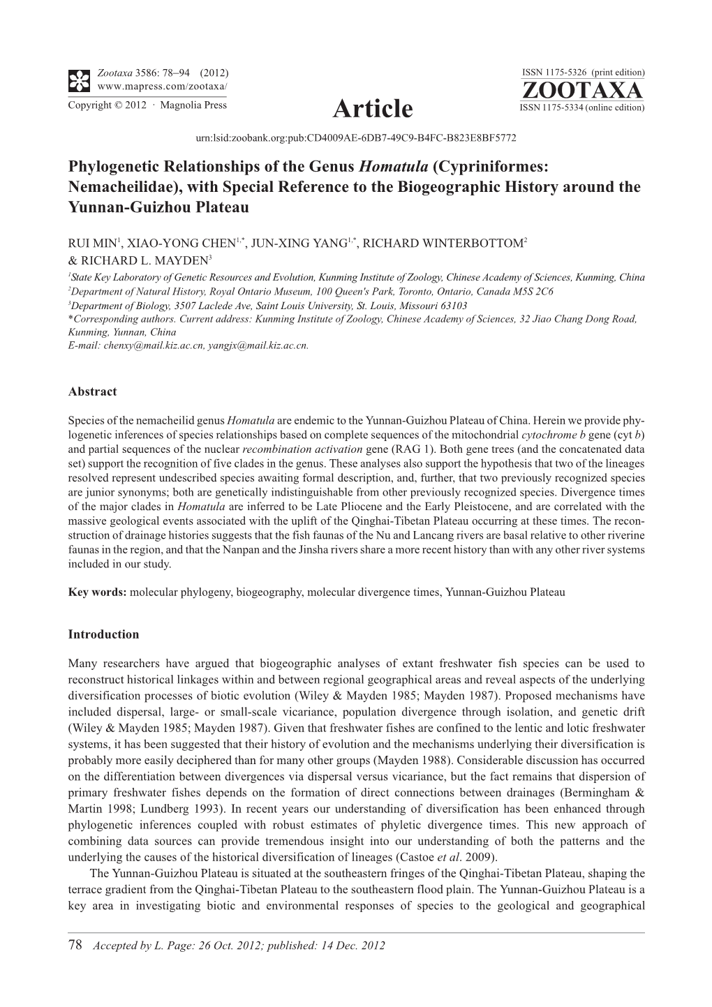Phylogenetic Relationships of the Genus Homatula (Cypriniformes: Nemacheilidae), with Special Reference to the Biogeographic History Around the Yunnan-Guizhou Plateau