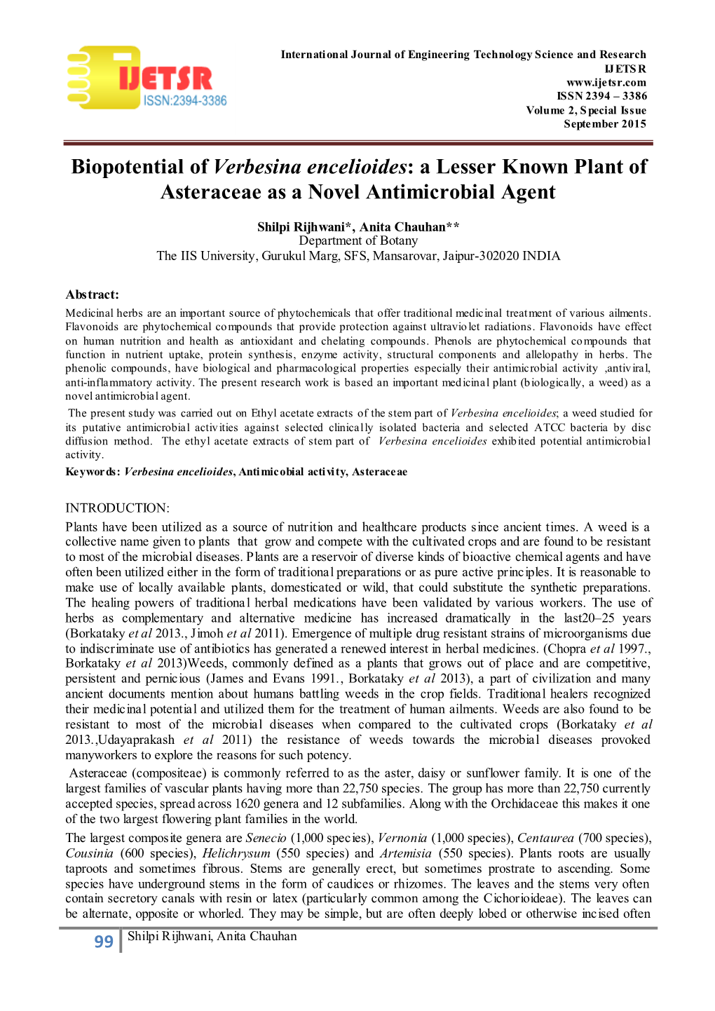 A Lesser Known Plant of Asteraceae As a Novel Antimicrobial Agent