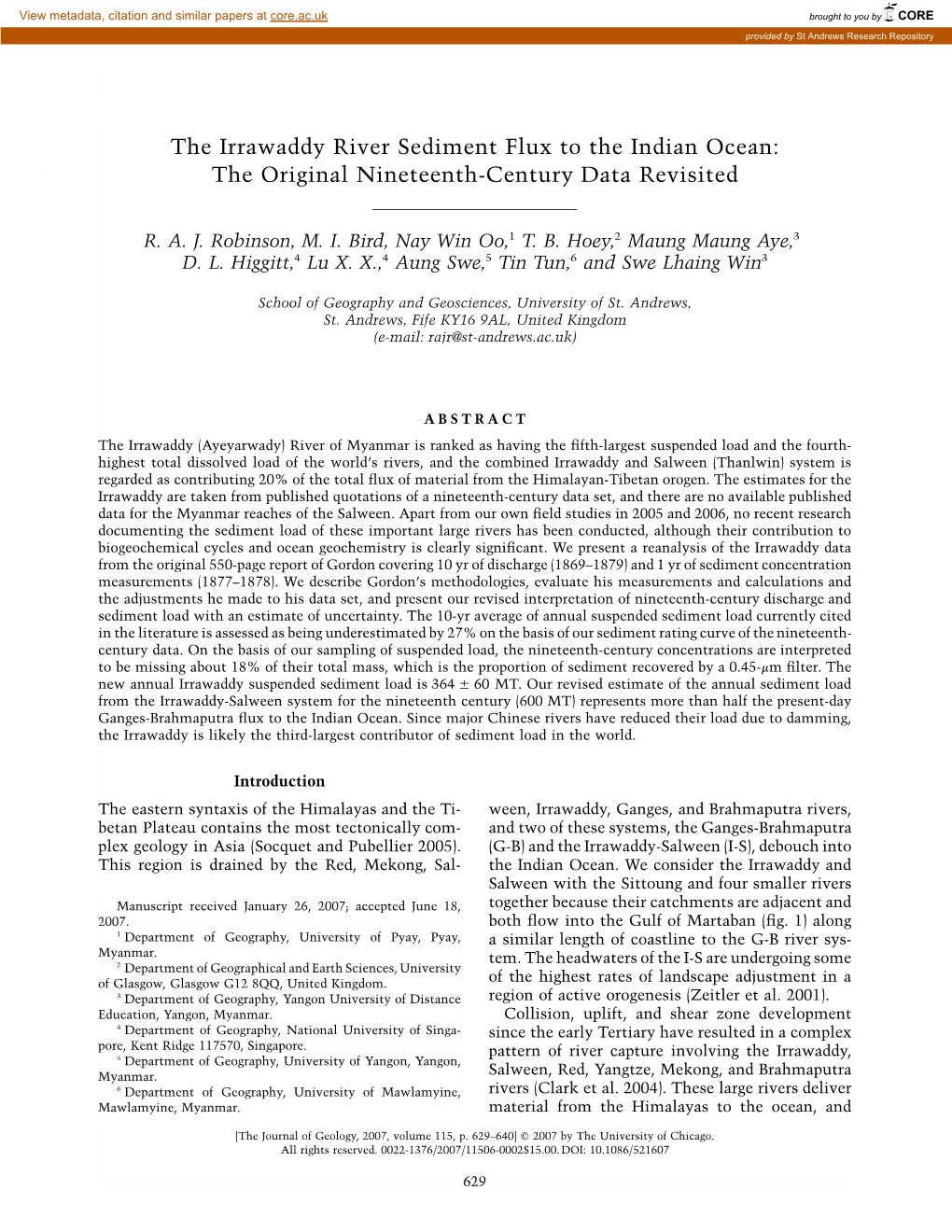 The Irrawaddy River Sediment Flux to the Indian Ocean: the Original Nineteenth-Century Data Revisited