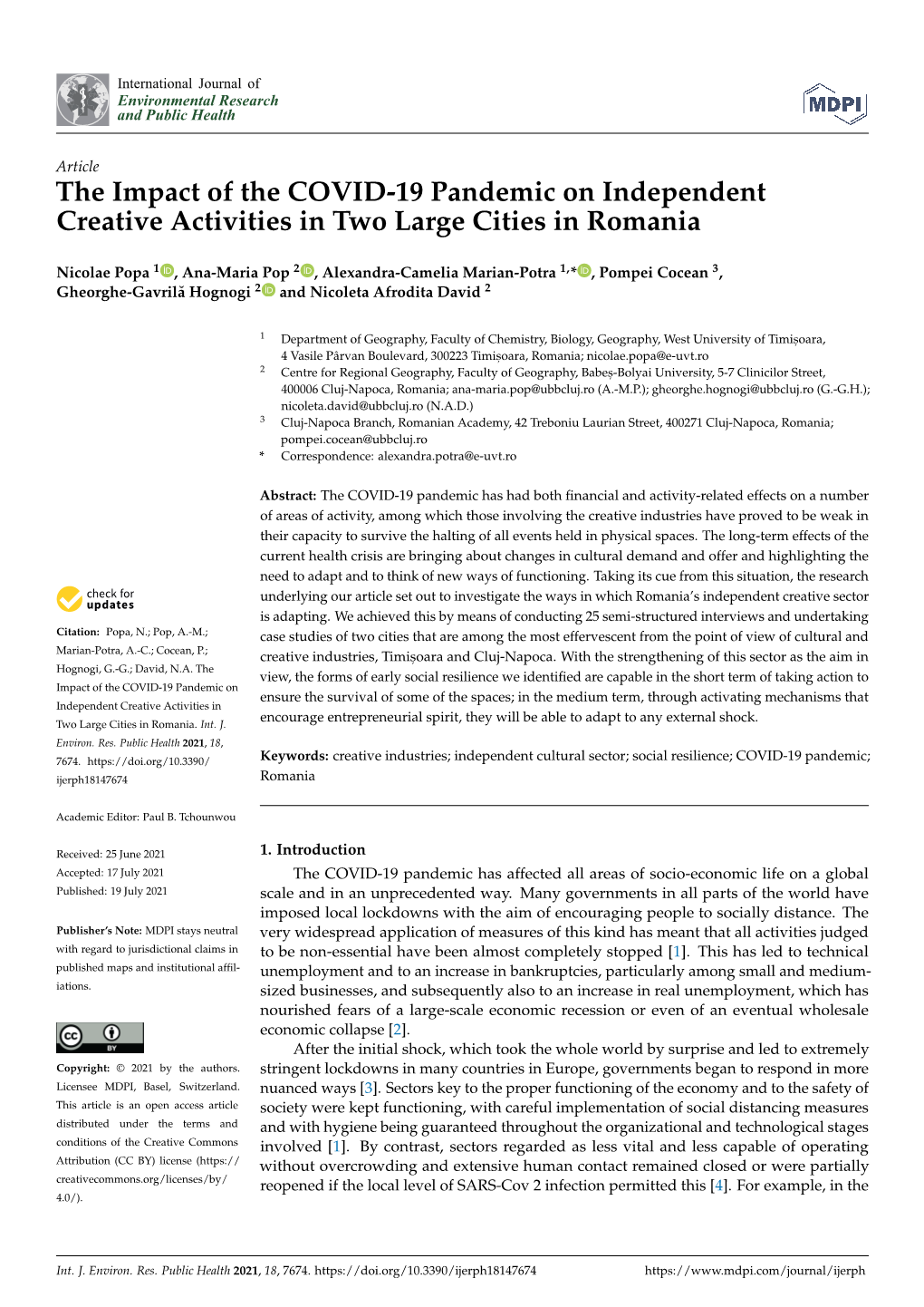 The Impact of the COVID-19 Pandemic on Independent Creative Activities in Two Large Cities in Romania