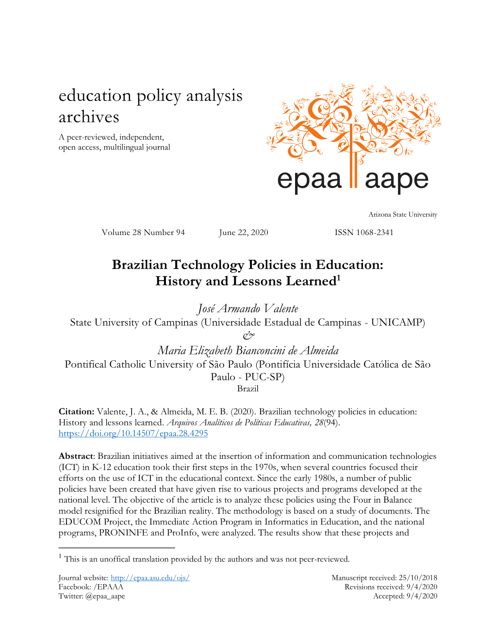 Brazilian Technology Policies in Education: History and Lessons Learned1