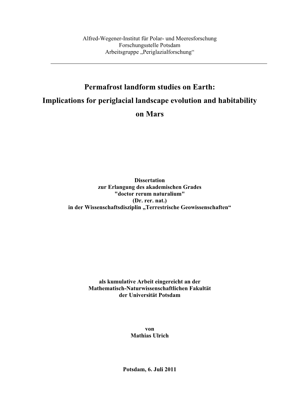 Permafrost Landform Studies on Earth: Implications for Periglacial Landscape Evolution and Habitability on Mars