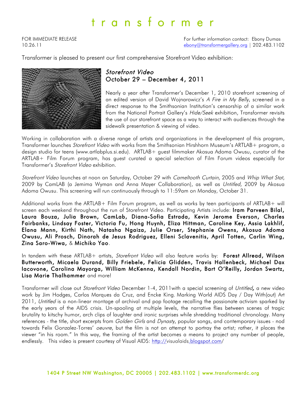 Storefront Video Exhibition Press Release