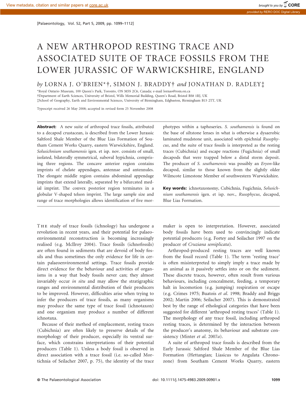 A New Arthropod Resting Trace and Associated Suite of Trace Fossils from the Lower Jurassic of Warwickshire, England