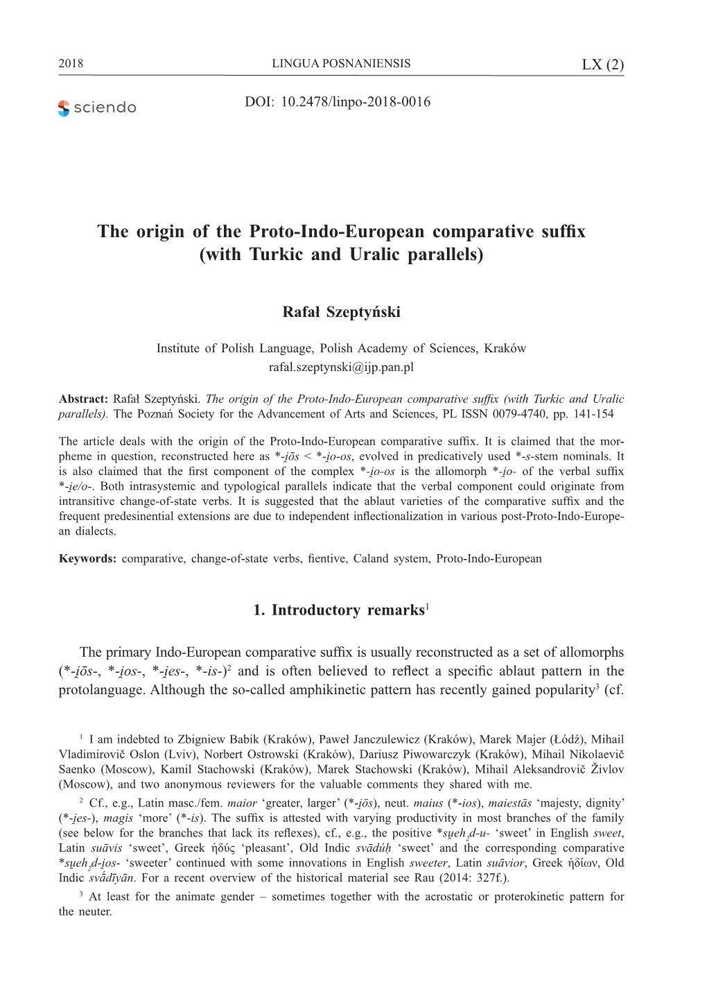 The Origin of the Proto-Indo-European Comparative Suffix (With Turkic and Uralic Parallels)