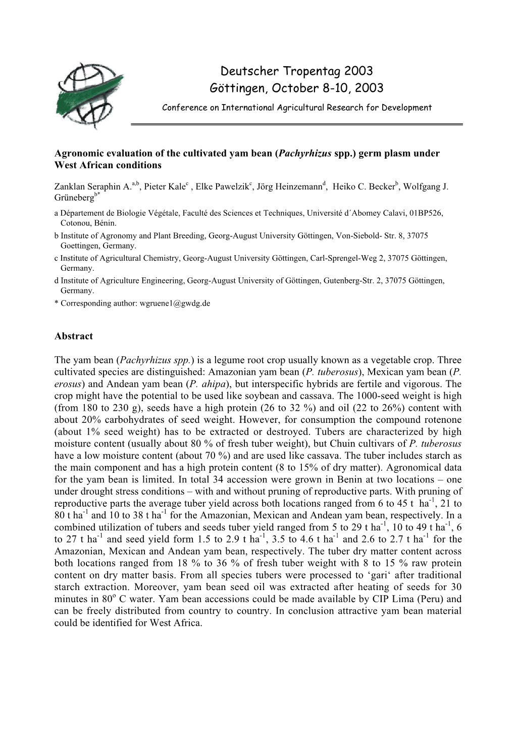 Agronomic Evaluation of the Cultivated Yam Bean (Pachyrhizus Spp.) Germ Plasm Under West African Conditions