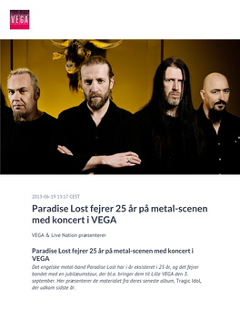 Paradise Lost Fejrer 25 År På Metal-Scenen Med Koncert I VEGA