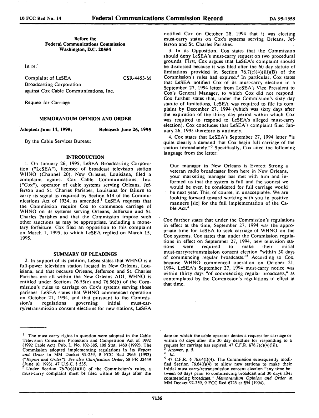 Federal Communications Commission Record DA 95-1358