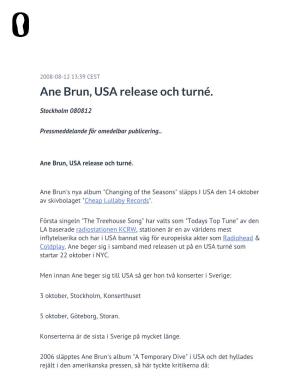Ane Brun, USA Release Och Turné