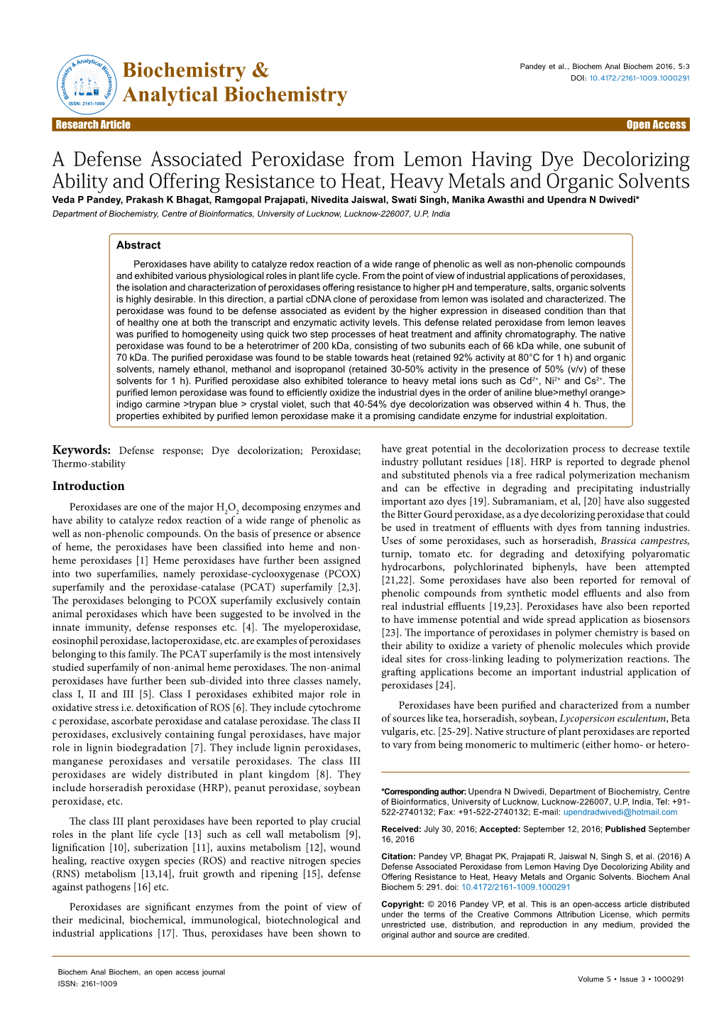 A Defense Associated Peroxidase from Lemon Having Dye