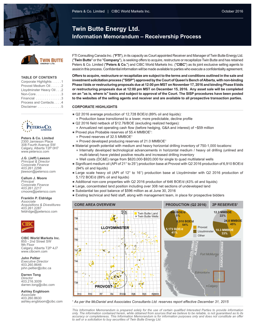 Twin Butte Energy Ltd. Information Memorandum – Receivership Process