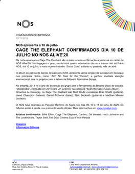 Cage the Elephant Confirmados Dia 10 De Julho
