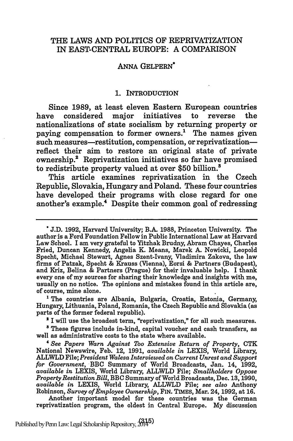 The Laws and Politics of Reprivatization in East-Central Europe: a Comparison