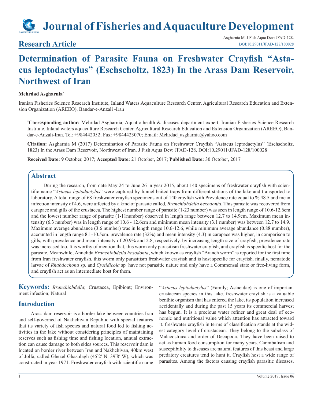 Journal of Fisheries and Aquaculture Development Asgharnia M