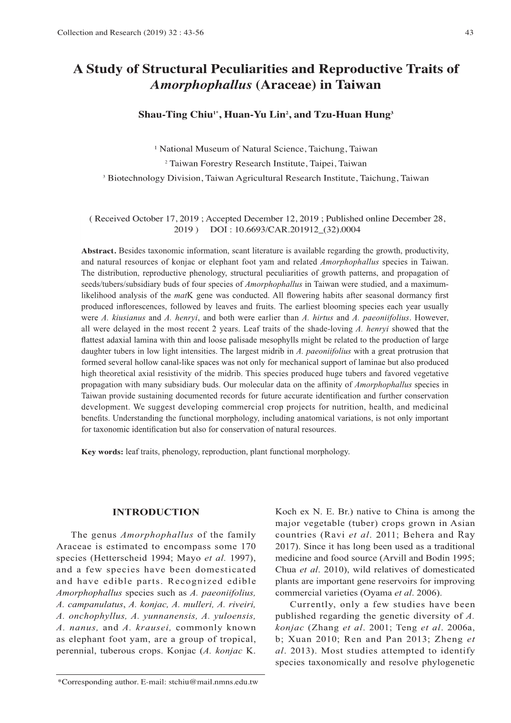 A Study of Structural Peculiarities and Reproductive Traits of Amorphophallus (Araceae) in Taiwan