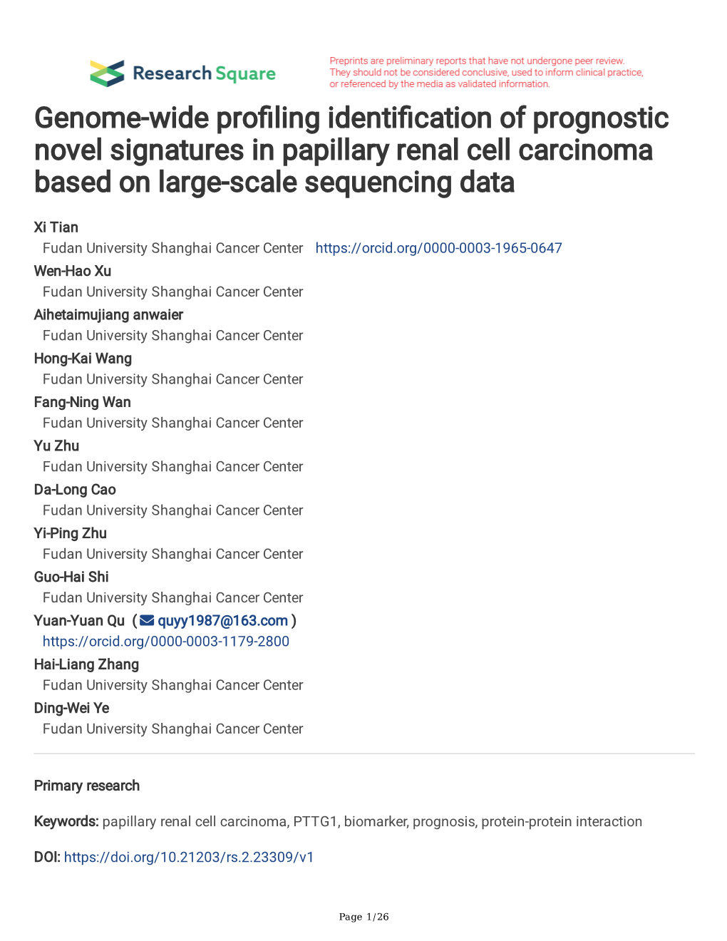 Genome-Wide Pro Ling Identi Cation of Prognostic Novel Signatures In