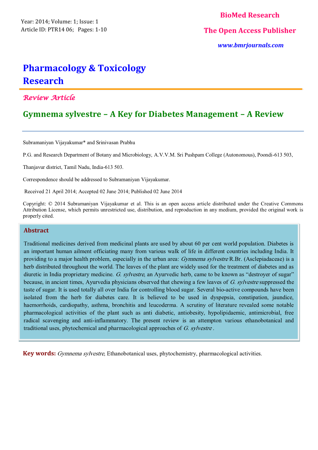 Gymnema Sylvestre – a Key for Diabetes Management – a Review