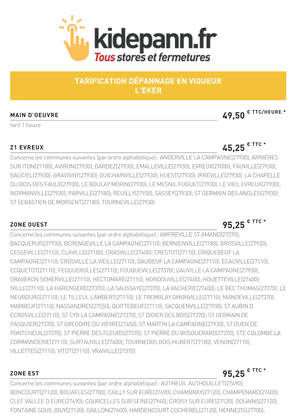 Tarification Dépannage En Vigueur L'eker