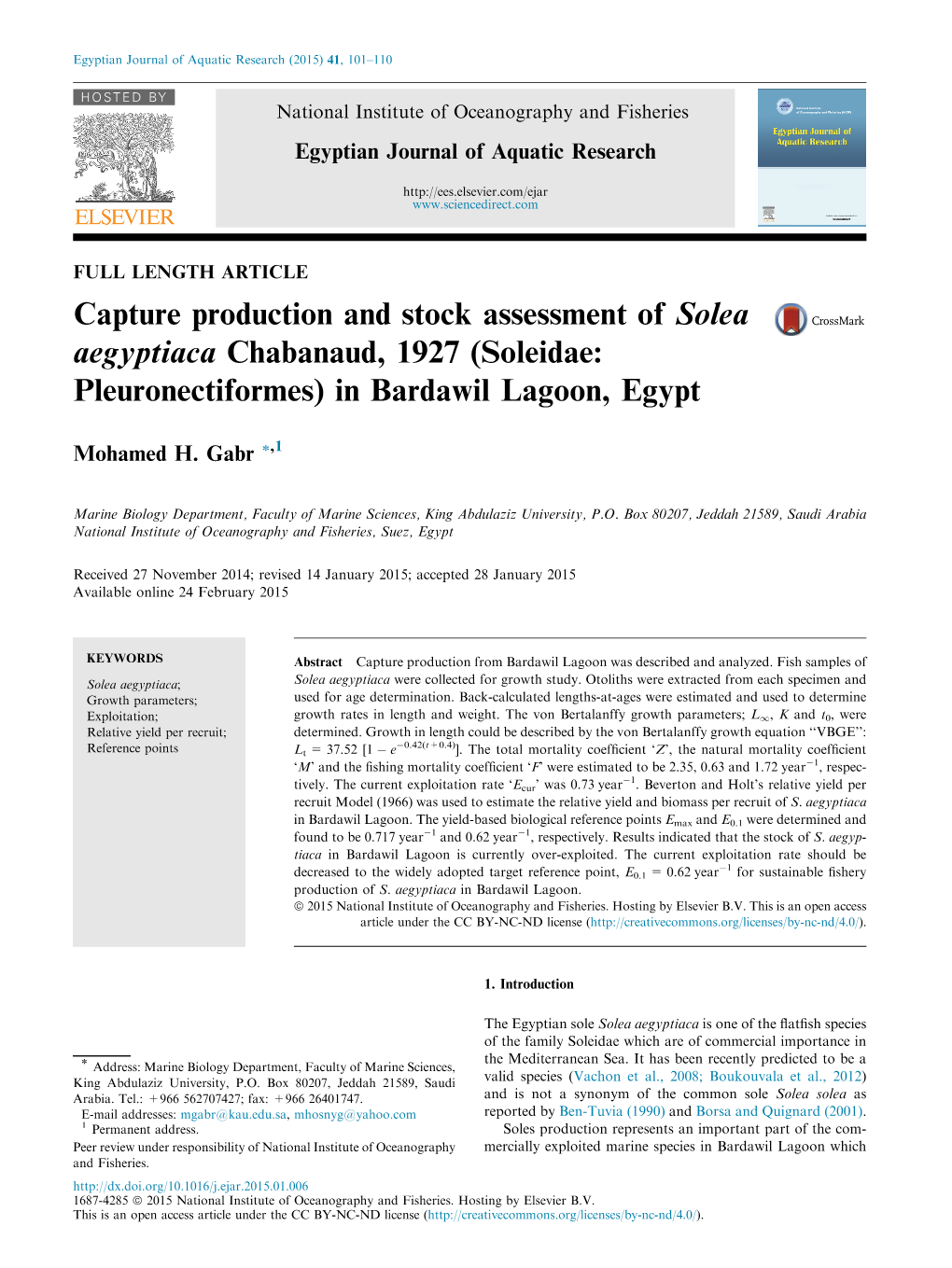 Capture Production and Stock Assessment of Solea Aegyptiaca Chabanaud, 1927 (Soleidae: Pleuronectiformes) in Bardawil Lagoon, Egypt