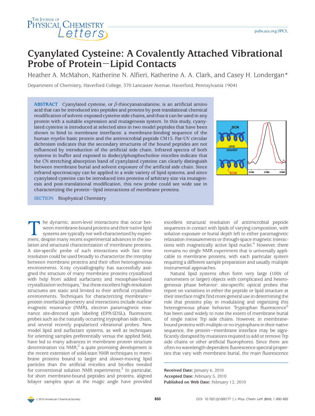 Cyanylated Cysteine: a Covalently Attached Vibrational Probe of Proteinrlipid Contacts