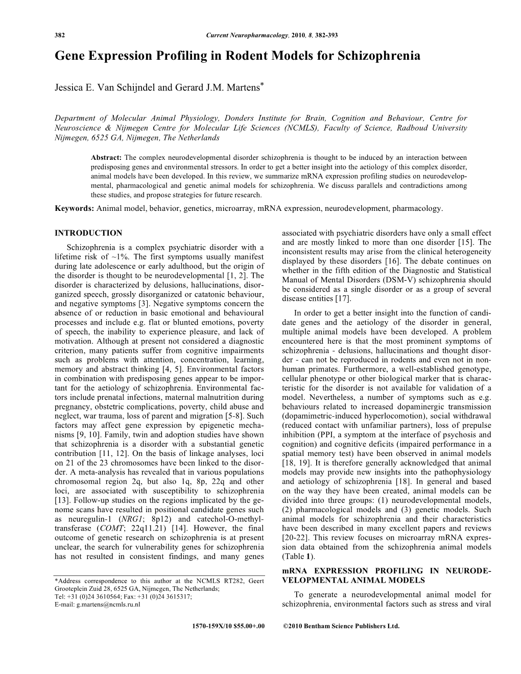 Gene Expression Profiling in Rodent Models for Schizophrenia