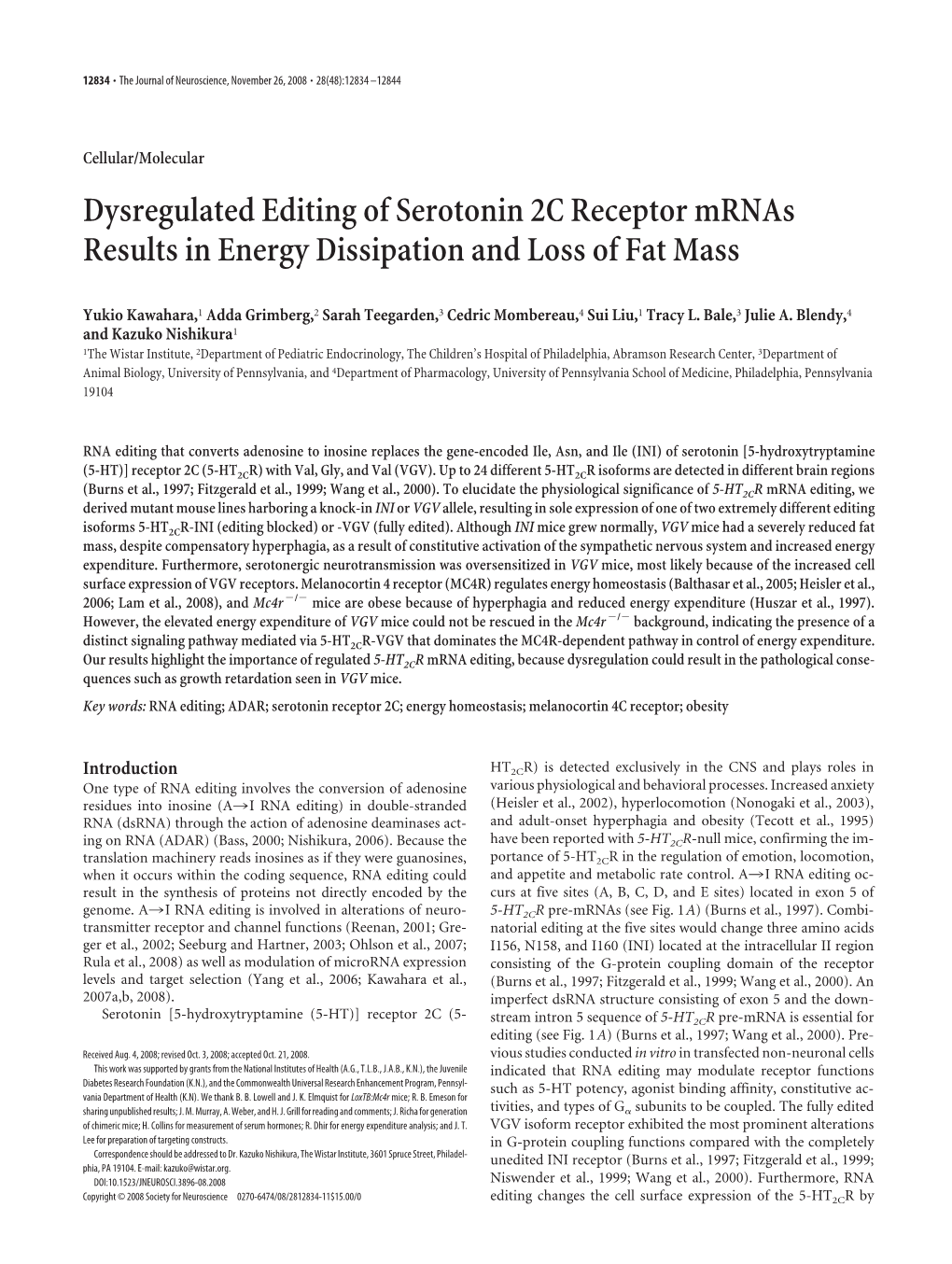 Dysregulated Editing of Serotonin 2C Receptor Mrnas Results in Energy Dissipation and Loss of Fat Mass