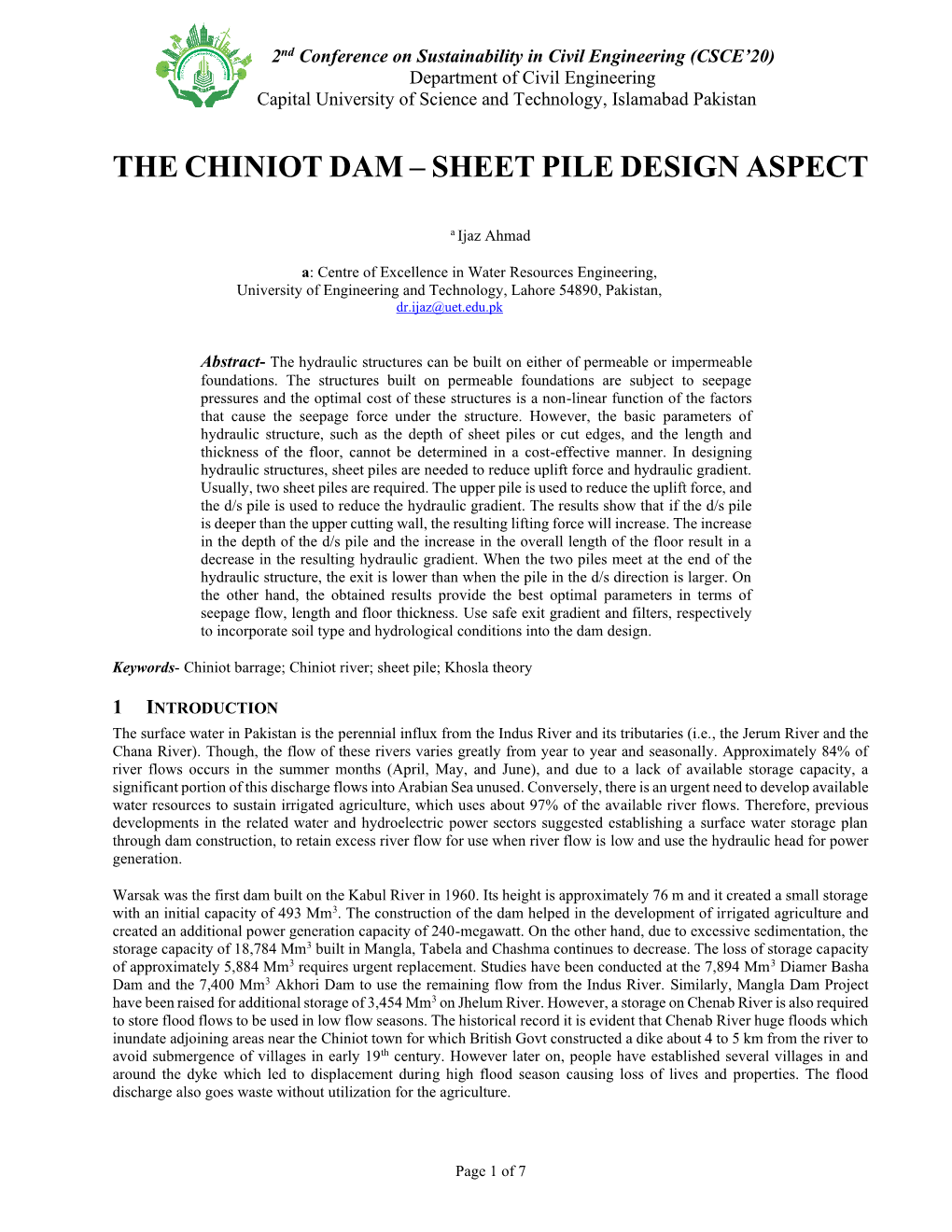 The Chiniot Dam – Sheet Pile Design Aspect