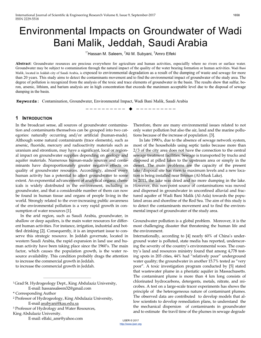 Environmental Impacts on Groundwater of Wadi Bani Malik, Jeddah, Saudi Arabia 1*Hassan M