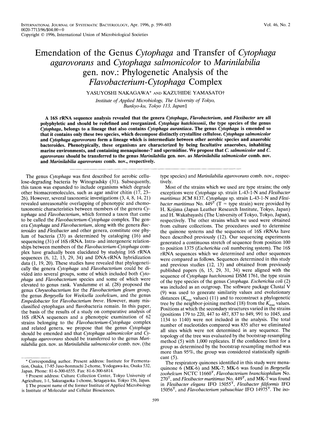 Cytophaga Salmonicolor to Marinilabilia Gen