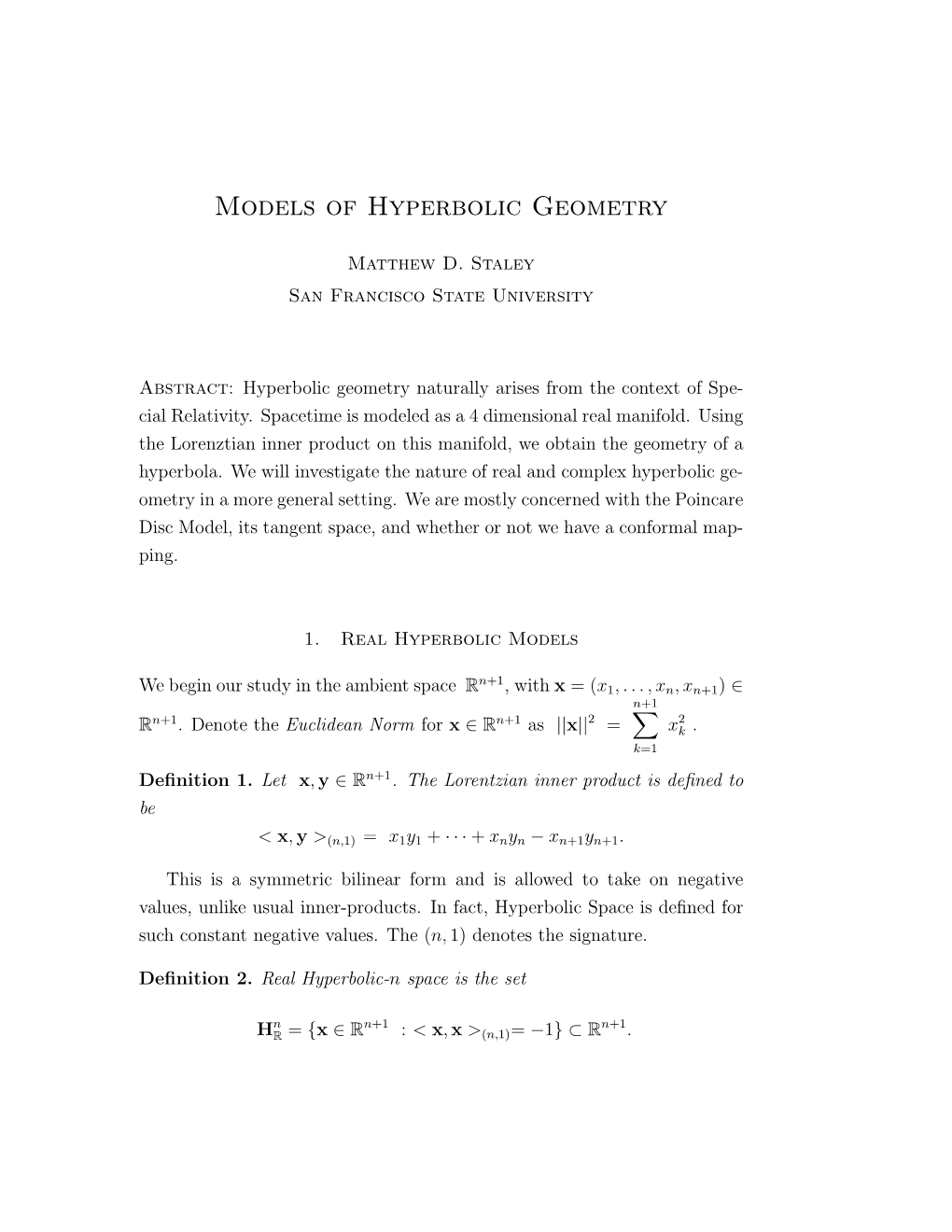 Models of Hyperbolic Geometry