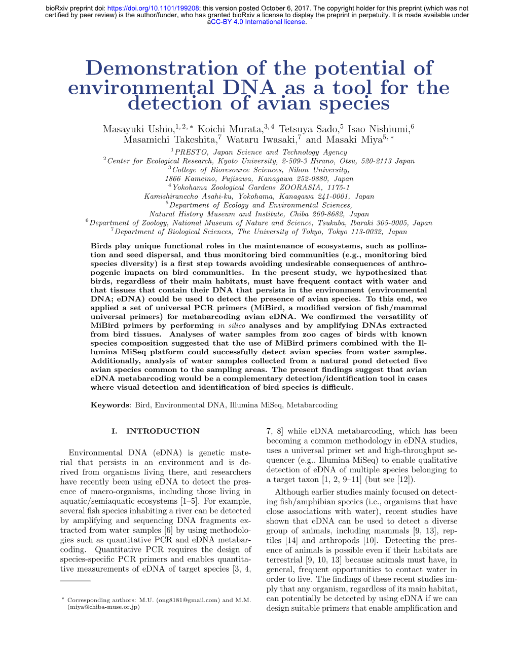 Demonstration of the Potential of Environmental DNA As a Tool for the Detection of Avian Species