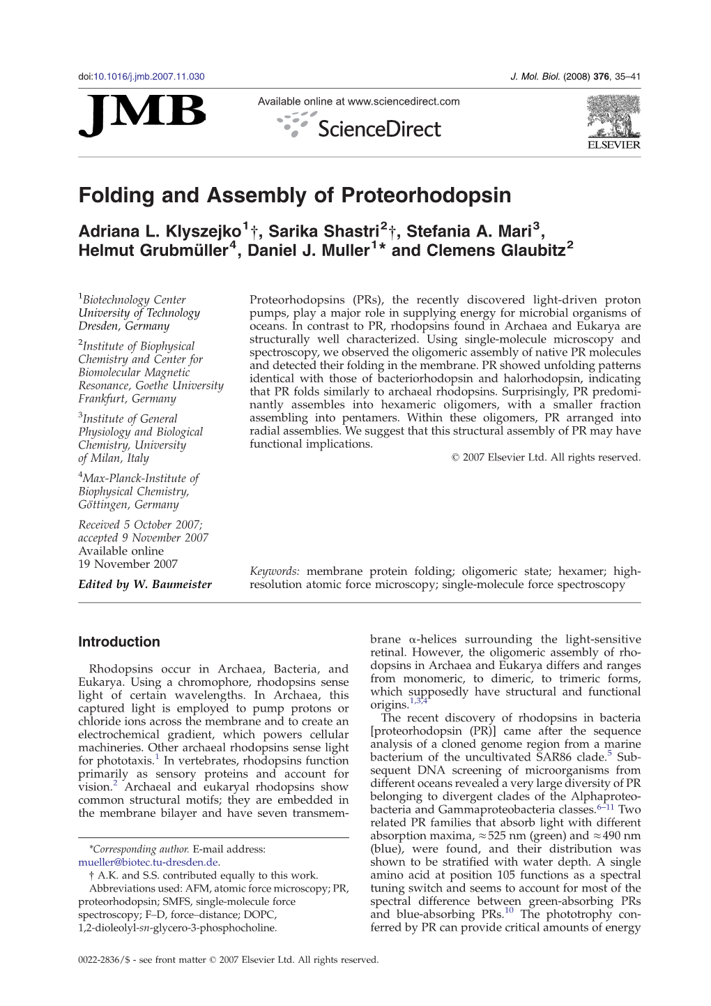 Folding and Assembly of Proteorhodopsin