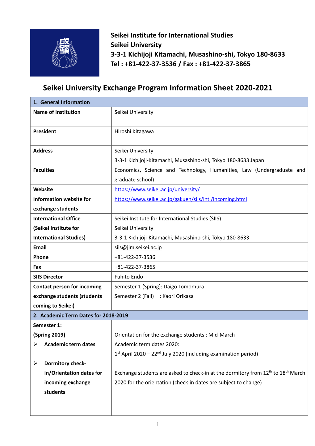 Seikei University Exchange Program Information Sheet 2020-2021
