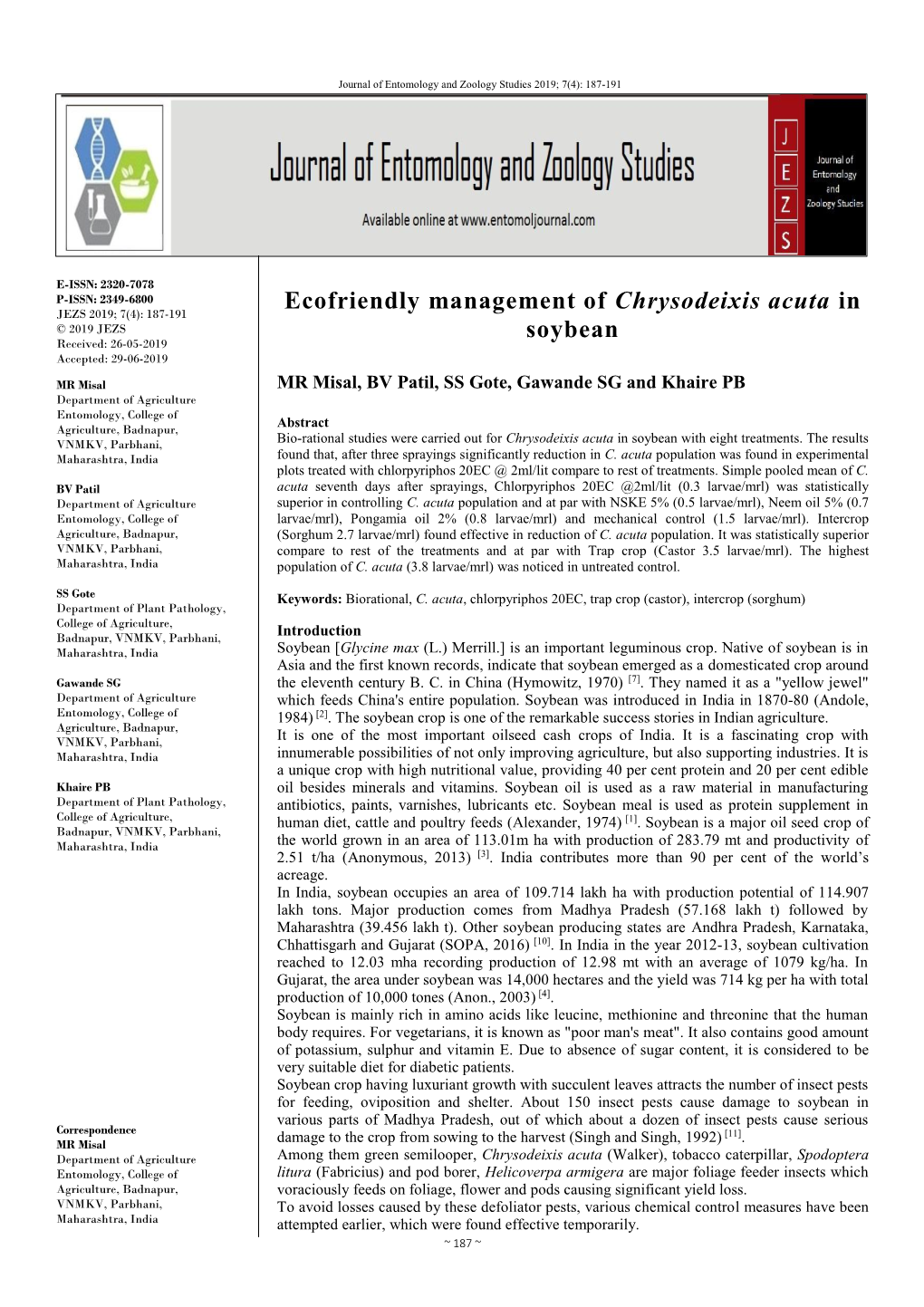 Ecofriendly Management of Chrysodeixis Acuta in Soybean