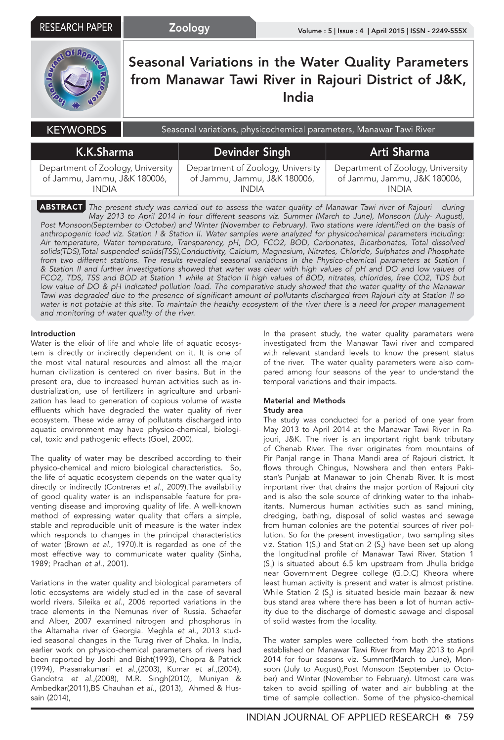 Seasonal Variations in the Water Quality Parameters from Manawar Tawi River in Rajouri District of J&K, India