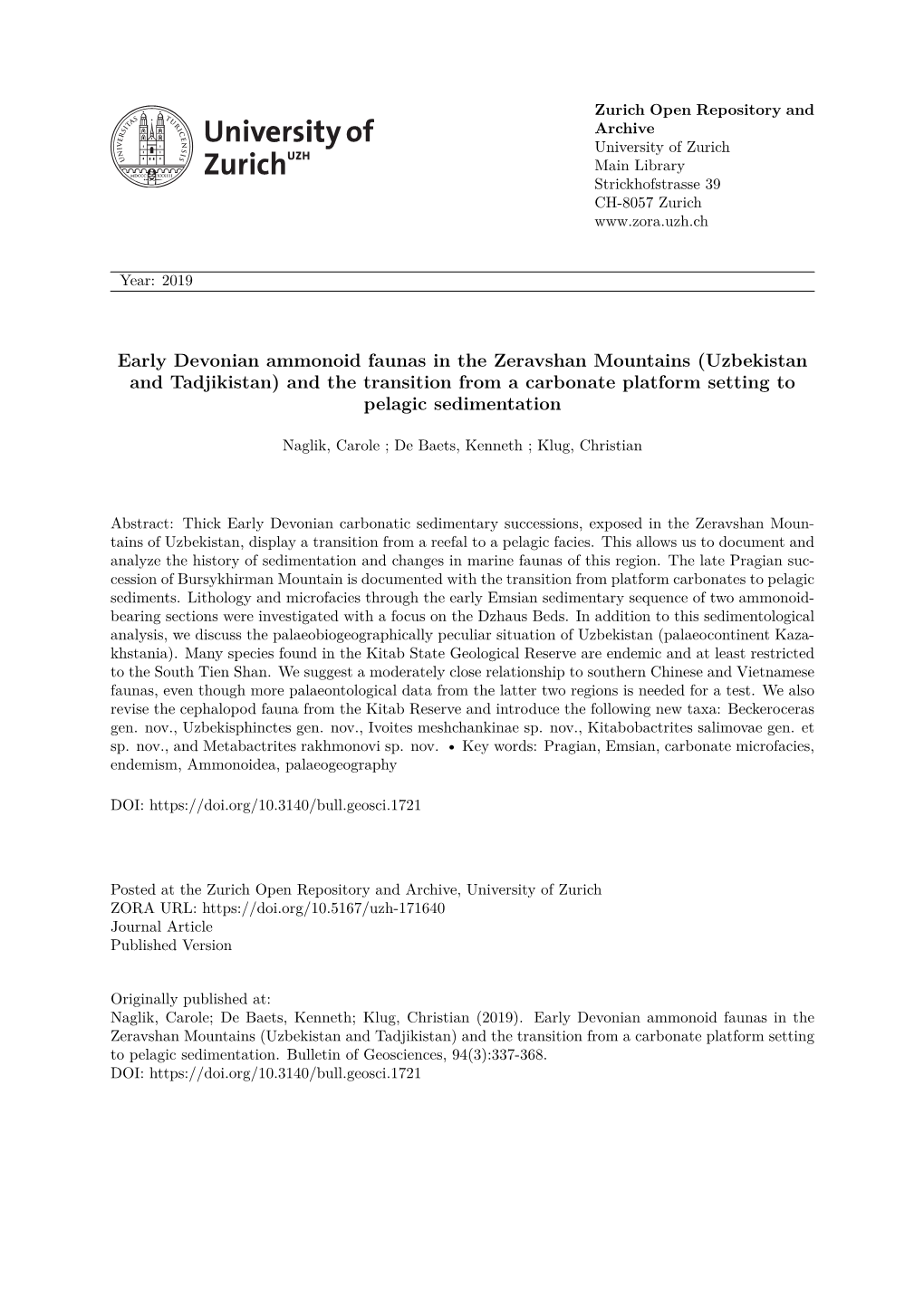 Early Devonian Ammonoid Faunas in the Zeravshan Mountains (Uzbekistan and Tadjikistan) and the Transition from a Carbonate Platform Setting to Pelagic Sedimentation