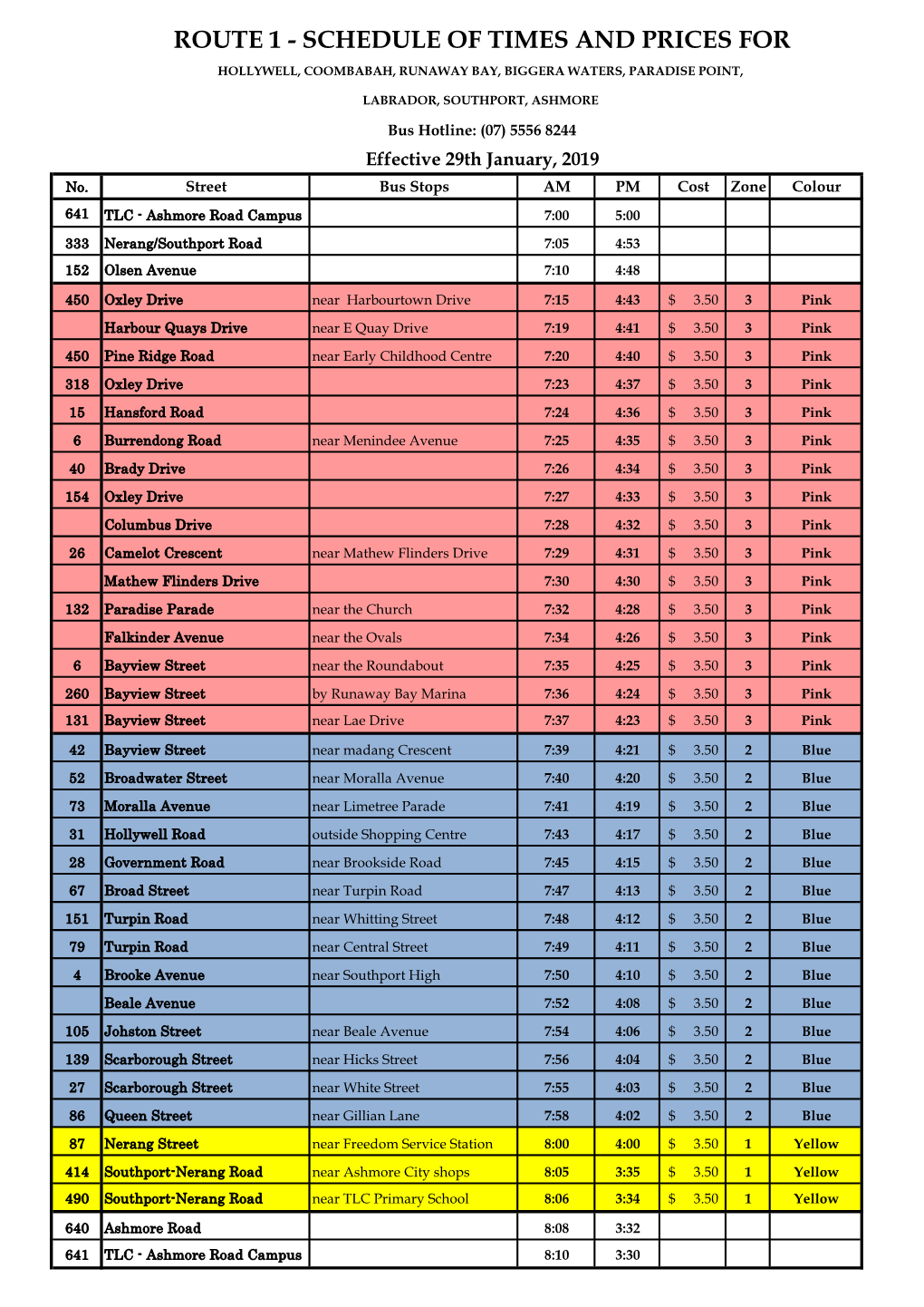 Route 1 - Schedule of Times and Prices for Hollywell, Coombabah, Runaway Bay, Biggera Waters, Paradise Point