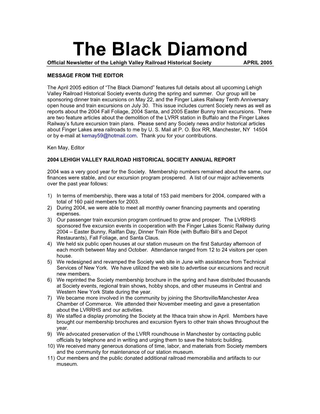 The Black Diamond Official Newsletter of the Lehigh Valley Railroad Historical Society APRIL 2005