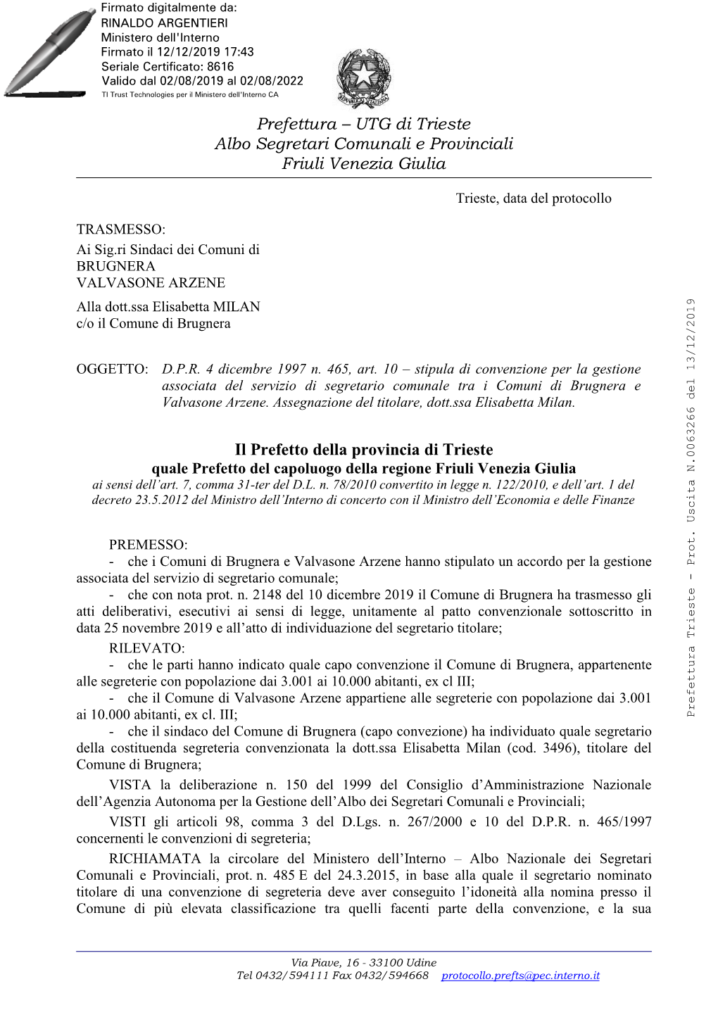 Prefettura – UTG Di Trieste Albo Segretari Comunali E Provinciali Friuli Venezia Giulia