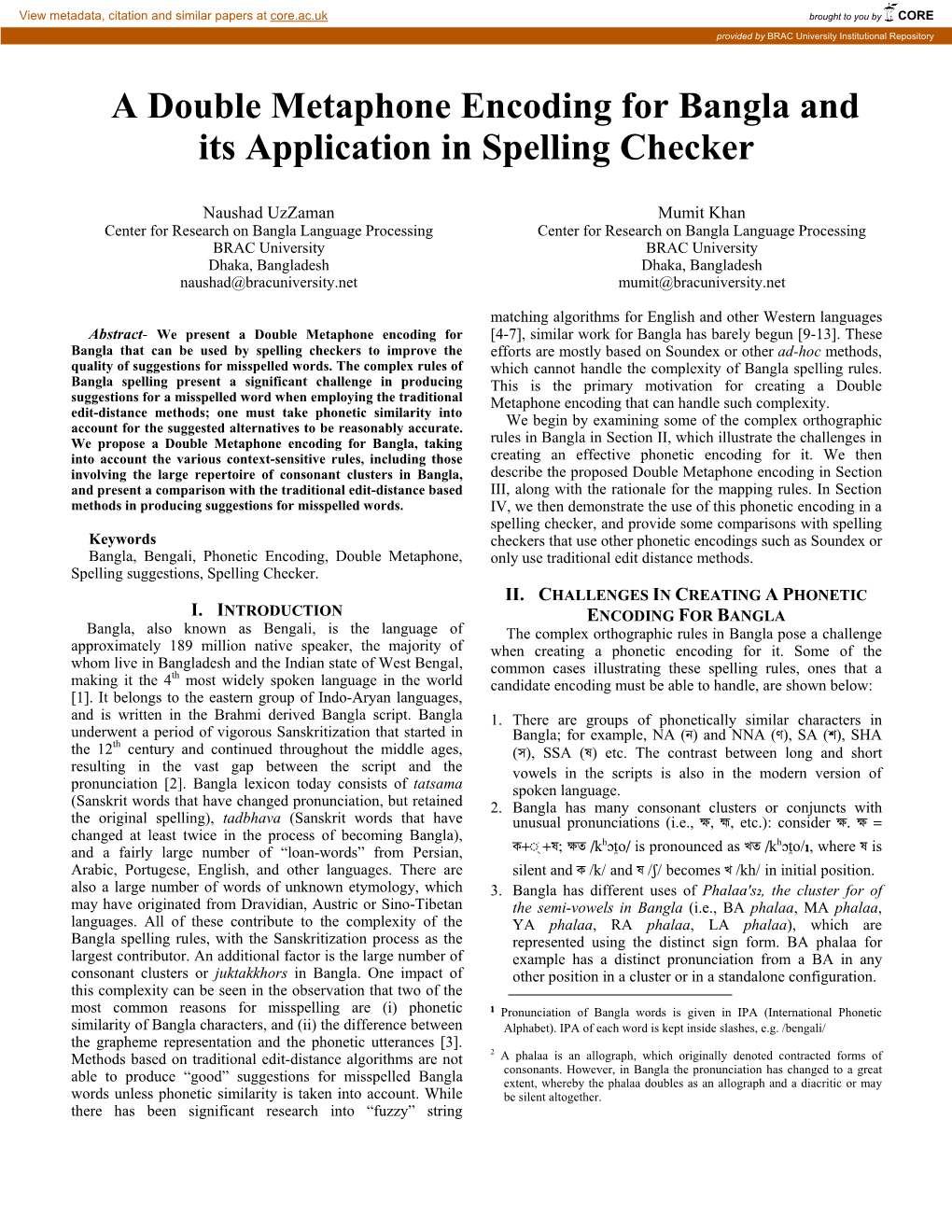 A Double Metaphone Encoding for Bangla and Its Application in Spelling Checker