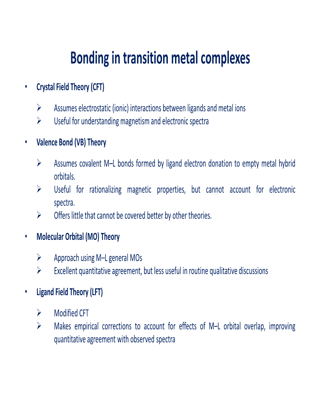 Bonding in Transition Metal Complexes