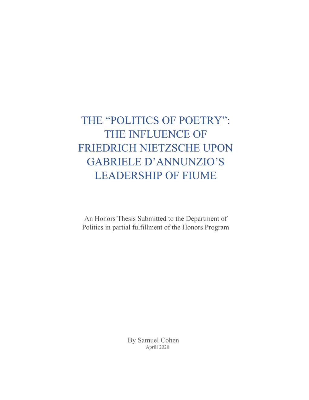 The Influence of Friedrich Nietzsche Upon Gabriele D'annunzio's