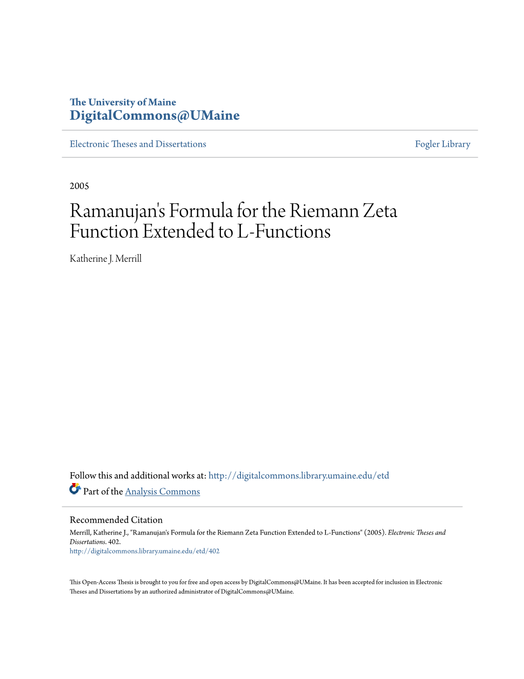 Ramanujan's Formula for the Riemann Zeta Function Extended to L-Functions Katherine J