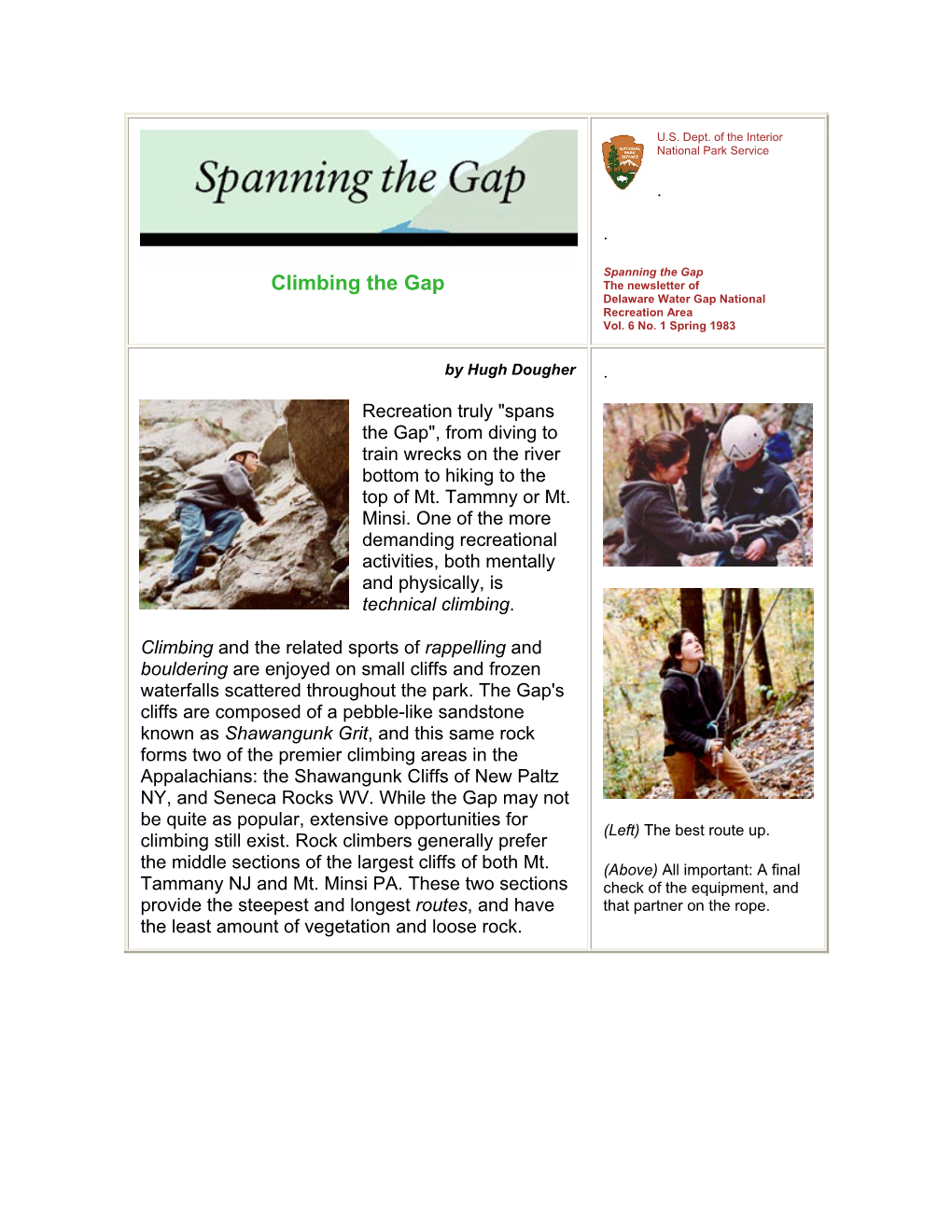 Climbing the Gap the Newsletter of Delaware Water Gap National Recreation Area Vol